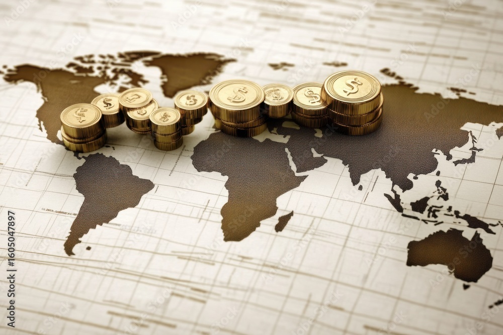 Poster financial data processing illustrated on a world map with stacks of coins representing global econom