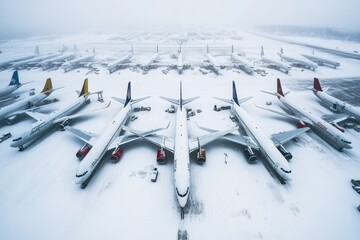Commercial airplanes parked on a snowy airfield due to adverse weather conditions, Commercial airplanes grounded at an airfield due to a massive snowstorm