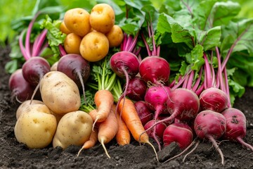 Fresh harvest display  pile of potatoes, carrots, and beets on black garden soil background