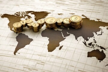 Financial data processing illustrated on a world map with stacks of coins representing global economy, financial data processing over world map