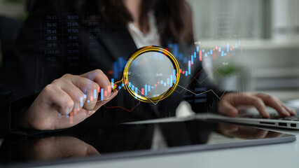 Candlestick chart visualizing financial market trends, investment patterns, price fluctuations, and...