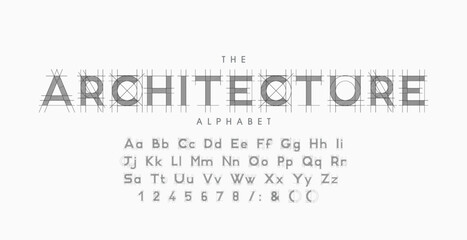 Architecture Blueprint Display Font . Technical Drafting Style Alphabet. Geometrical typography. Wireframe letters, typographic design with draft strokes for architecture logo and headline. Isolated