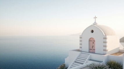 Small White Building with Cross Overlooking the Water at Sunrise with Warm Light and Stairs Leading to Doorway