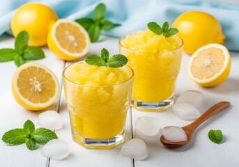 Fototapeta premium Zesty Lemon Granita with Fresh Mint and Ice. Cool Summer Slush Dessert