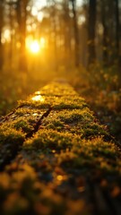 Sunlight bathes moss covered log amidst a hazy forest with golden light, evoking a sense of peace and nature's quiet beauty