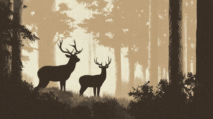 Deer in the forest in linocut style, simplified form, silhouettes, textured print effect, minimalist natural landscape.