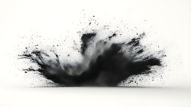 Abstract black powder explosion on white background