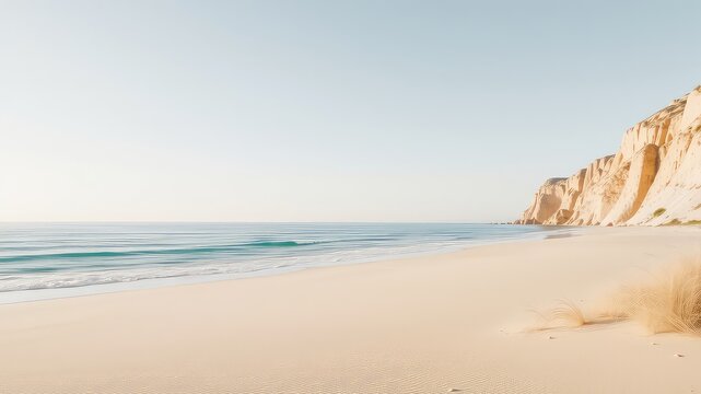 Serene coastal scene with gentle waves lapping onto a sandy shore, shadowed cliffs rising on the horizon, and natural beach growth
