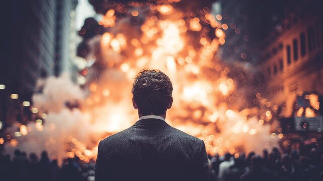 Dramatic Urban Chaos Man in Suit Faces Large Explosion, Surrounded by Smoke and Fire, Evoking Urgency and Tension in Environment