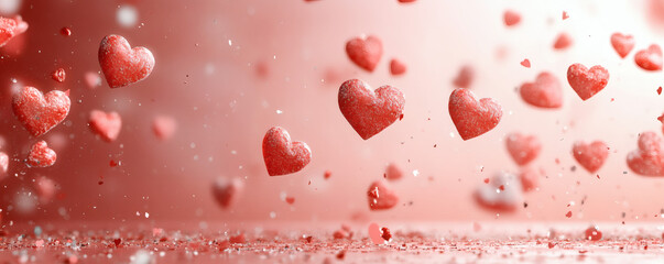  Many glittering red hearts float above sparkling pink surface in romantic dreamy fantasy celebration background
