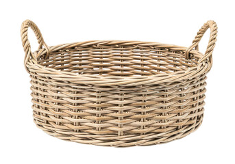 Round Wicker Basket with Handles Isolated on White
