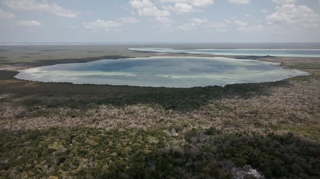Aerial Drone flight over th Chunyaxche Lagoon and archeological sire  of Akumal 