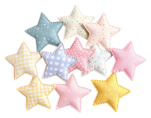 Cluster of Colorful Star-Shaped Fabric Patches in Pastel Shades, Isolated PNG