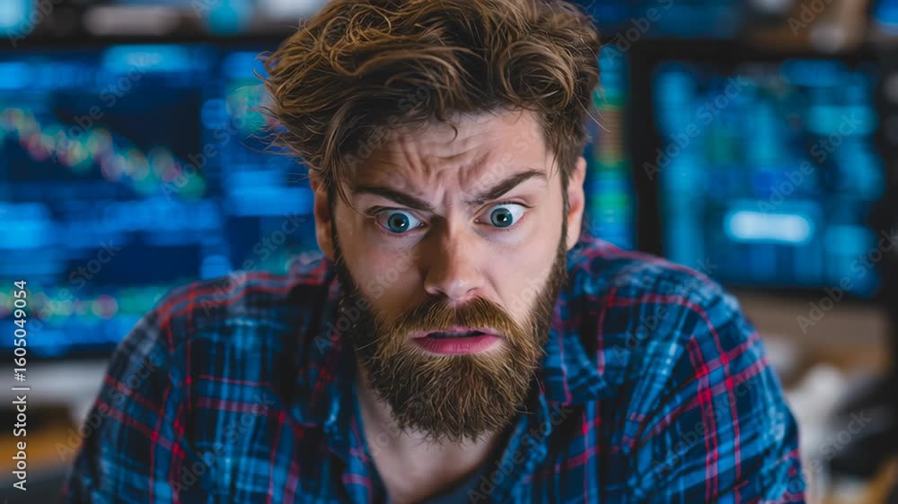 Poster stressed trader with beard reflects anxiety and concern in front of stock market screens, navigating