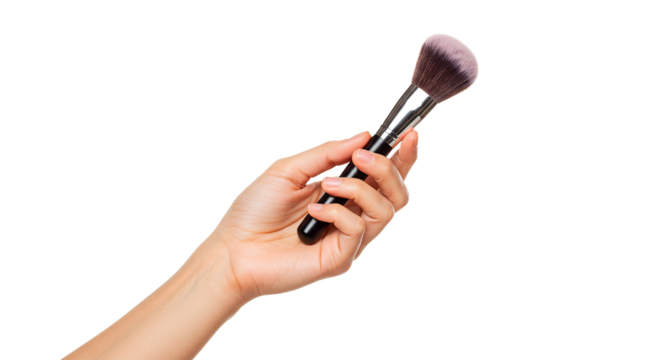 Hand holding professional makeup brush for applying powder blush contouring highlighting on face skin