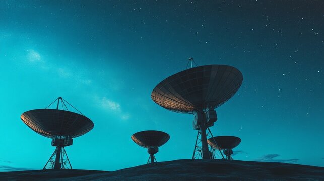 Massive radio telescopes pointing skyward, capturing cosmic signals amid twinkling stars while scanning distant galactic regions for potential extraterrestrial communication - Powered by Adobe