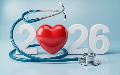 A stethoscope wraps around a vibrant red heart symbol placed between the numbers 20 and 26 representing the year 2026 and healthcare