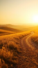 A Winding Path Through Golden Fields Bathed in the Warm, Gentle Glow of a Setting Sun