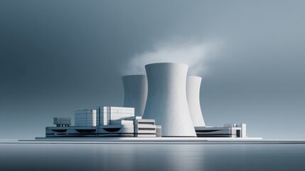  A modern nuclear power plant with a white and grey color scheme. The building is simple, sleek, and has three large concrete towers that emit steam into the air. 