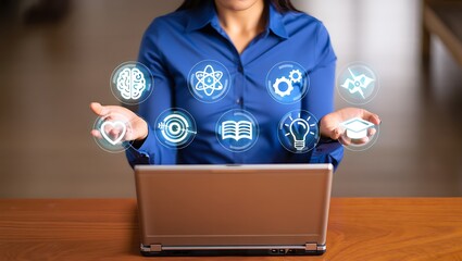 Woman holding glowing icons representing innovation and knowledge above a laptop