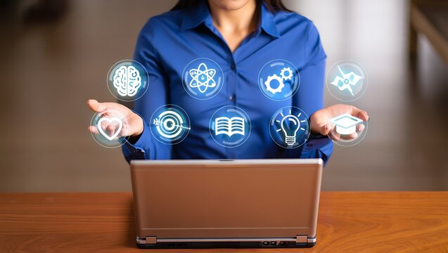 Woman holding glowing icons representing innovation and knowledge above a laptop