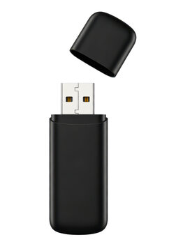 Black USB Flash Drive with Cap Removed Isolated
