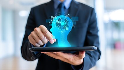 Businessman interacting with glowing blue ai brain hologram on tablet