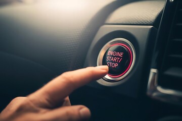 Obraz premium Close up of a person s finger pressing the red illuminated engine start stop button in a modern car interior