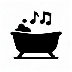 A minimal silhouette pictogram of a bathtub with bubbles and musical notes, a simple sign and symbol set representing relaxation and singing.