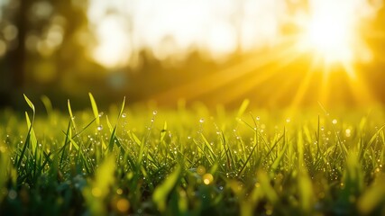 Morning sunlight illuminating dew droplets clinging to blades of grass, creating a glistening, ethereal landscape filled with warmth