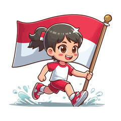 cartoon vector of children running carrying the Indonesian red and white flag