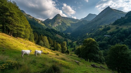 Serene Cow and Calf Grazing in Rolling Green Hills