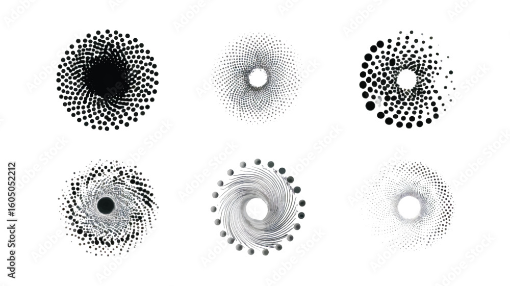 Poster abstract collection of halftone patterns vortex designs in black and white with varied textures and 
