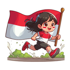 cartoon vector of children running carrying the Indonesian red and white flag