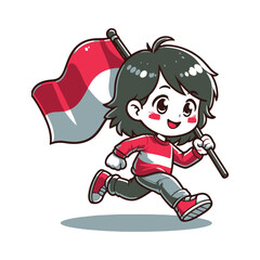cartoon vector of children running carrying the Indonesian red and white flag