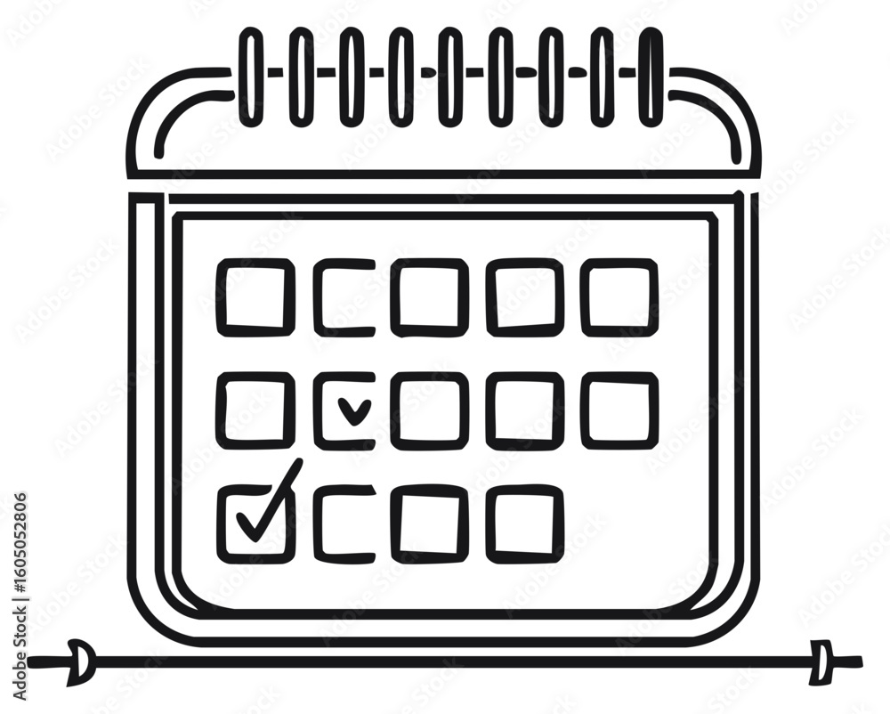Poster hand drawn outline of a spiral bound desk calendar with selected dates marked by checkmarks