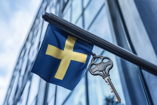 Silver house key hangs from flagpole with waving Swedish flag against modern glass building, silver house key over waving flag of sweden and office building - Powered by Adobe