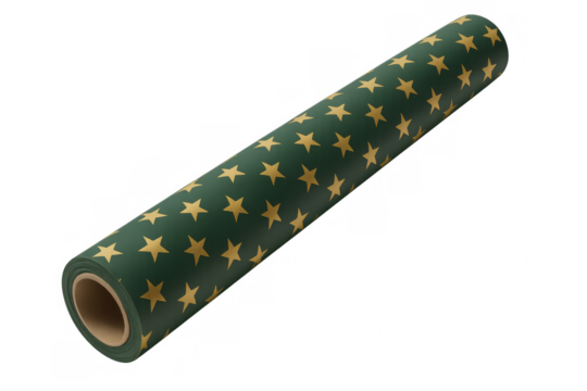 Golden-star patterned wrapping paper roll resting on verdant background, providing festive packaging solution with transparent surround