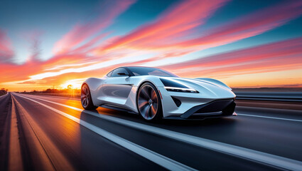Fototapeta premium A sleek white sports car speeding on a highway during a vibrant sunset, capturing motion and speed.