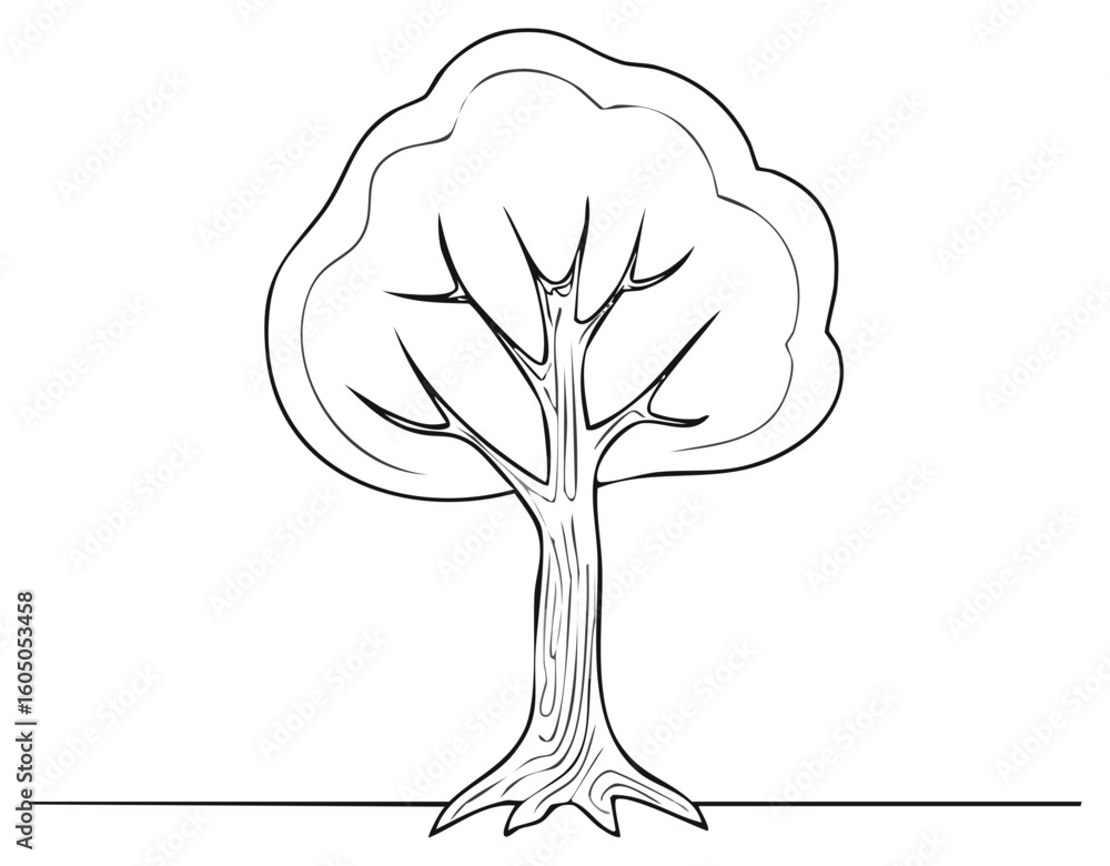 Poster simple black line art drawing of a stylized tree with a rounded canopy and visible roots