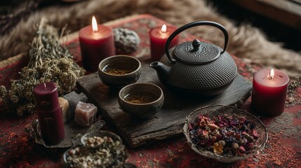 Tranquil Japanese Tea Ritual with Teapot and Candles