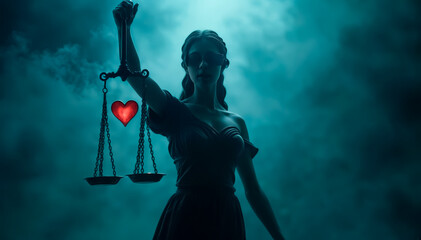 No sight, but perfect vision: the divine jurist holds the balance - cold steel in one hand, the pulsating heart in the other.
