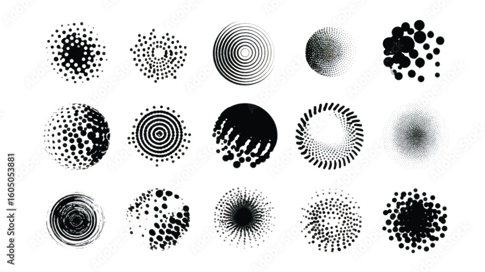 Poster collection of abstract halftone design elements and grunge texture forms in black and white for grap