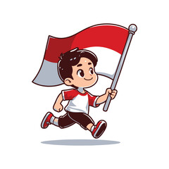 cartoon vector of children running carrying the Indonesian red and white flag