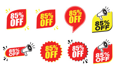 85% Off Sticker Set – 85% Off  Discount Labels with Megaphone Icons for Promotions