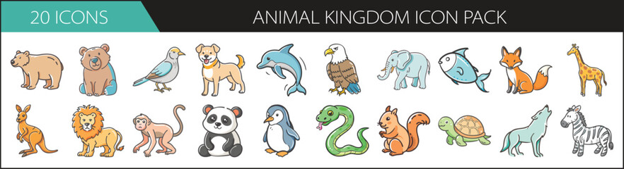 Animal Kingdom Doodle Icon Set for Wildlife Themes - Hand-drawn icon collection of wild, domestic, and marine animals—perfect for educational content, kids' materials, and nature-related designs.