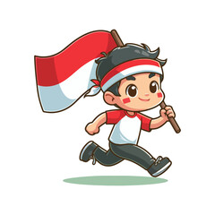 cartoon vector of children running carrying the Indonesian red and white flag