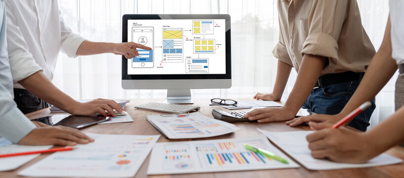 Fototapeta UX UI design process for brisk mobile application and website . Creative prototype of wireframe for professional app developer .