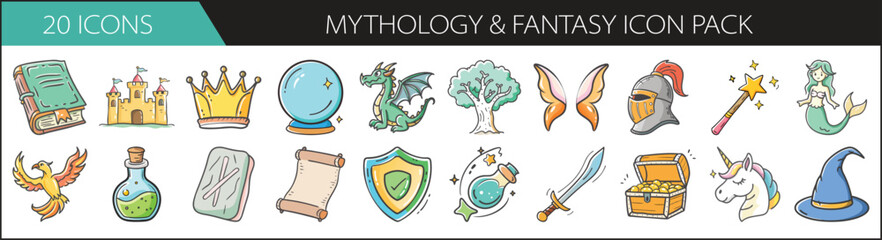 Mythology and Fantasy Doodle Icon Collection - Whimsical hand-drawn icons featuring magical creatures, enchanted objects, and fantasy elements—great for games, stories, or creative projects.