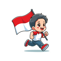 cartoon vector of children running carrying the Indonesian red and white flag